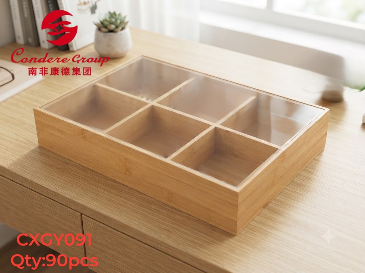 Premium Bamboo 6-Compartment Storage Box with Clear Lid