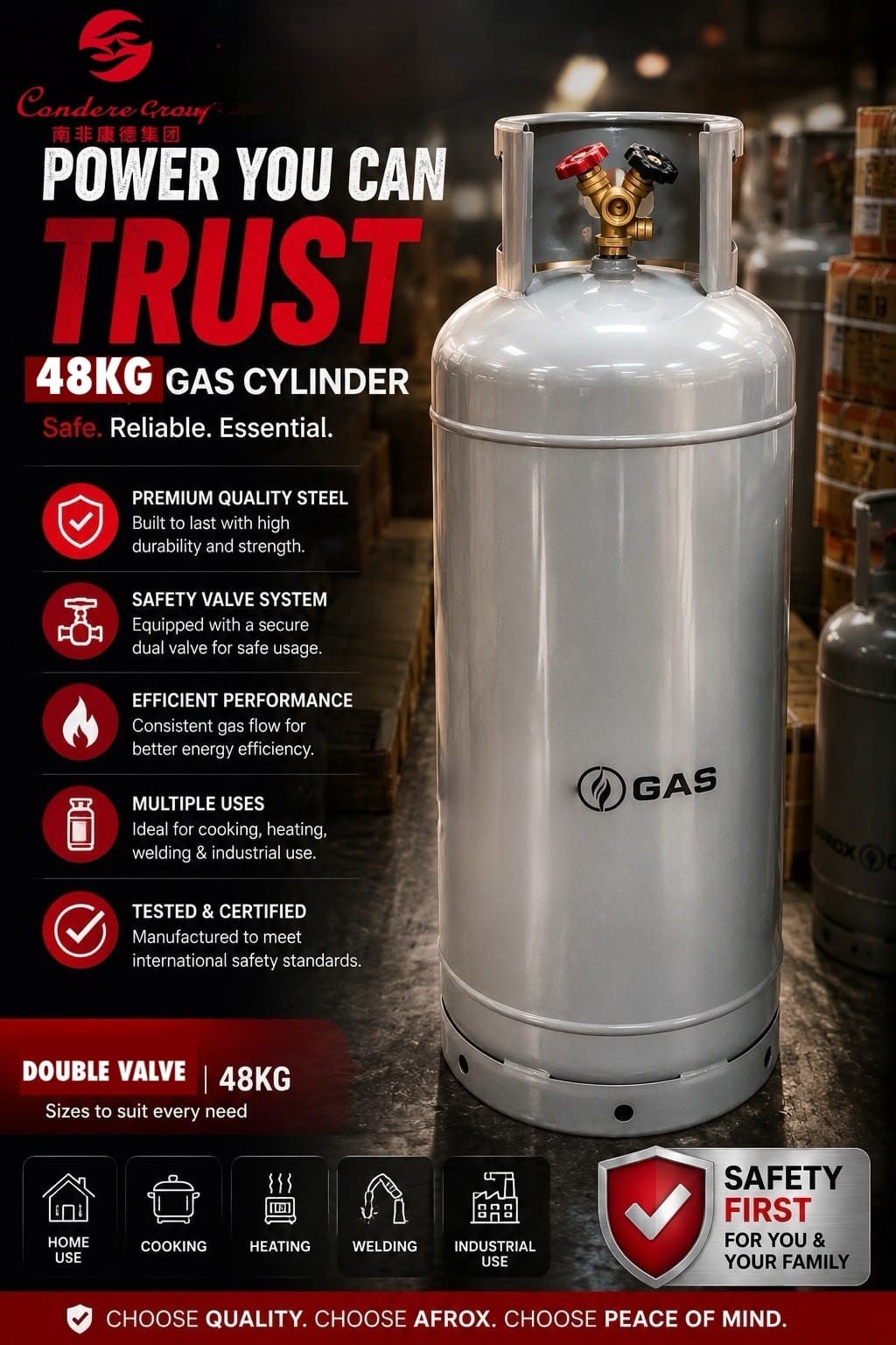 Gas Safy 48kg Steel Gas Cylinder with Double Valve – Empty