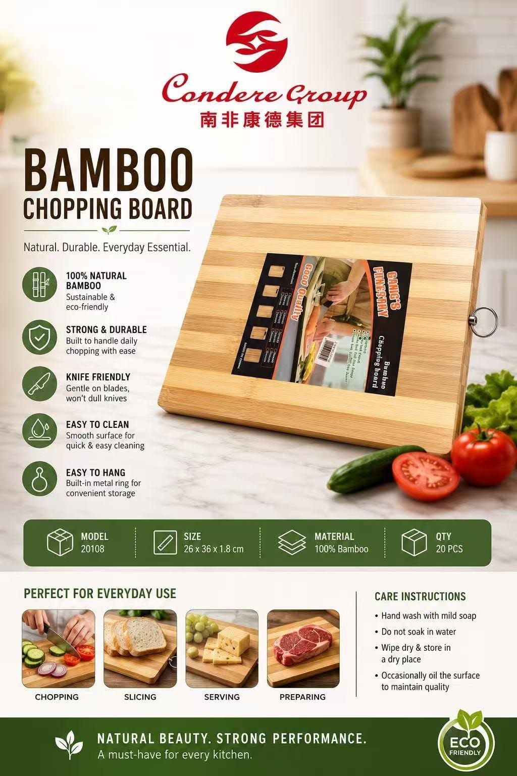 Chopping Board Condere Group Bamboo 20108 (26 cm x 36 cm x 1.8 cm)